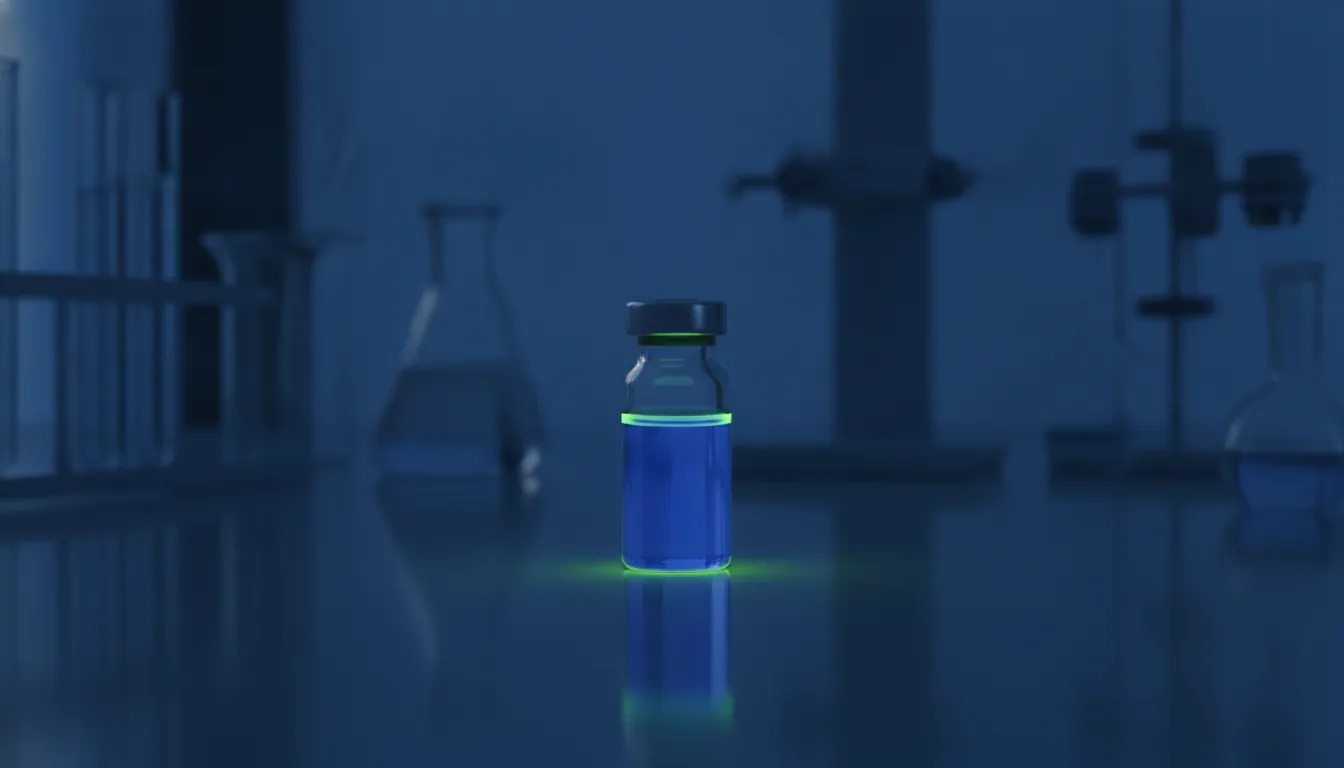 A vial of a drug compound on a lab bench in a dimly lit laboratory.