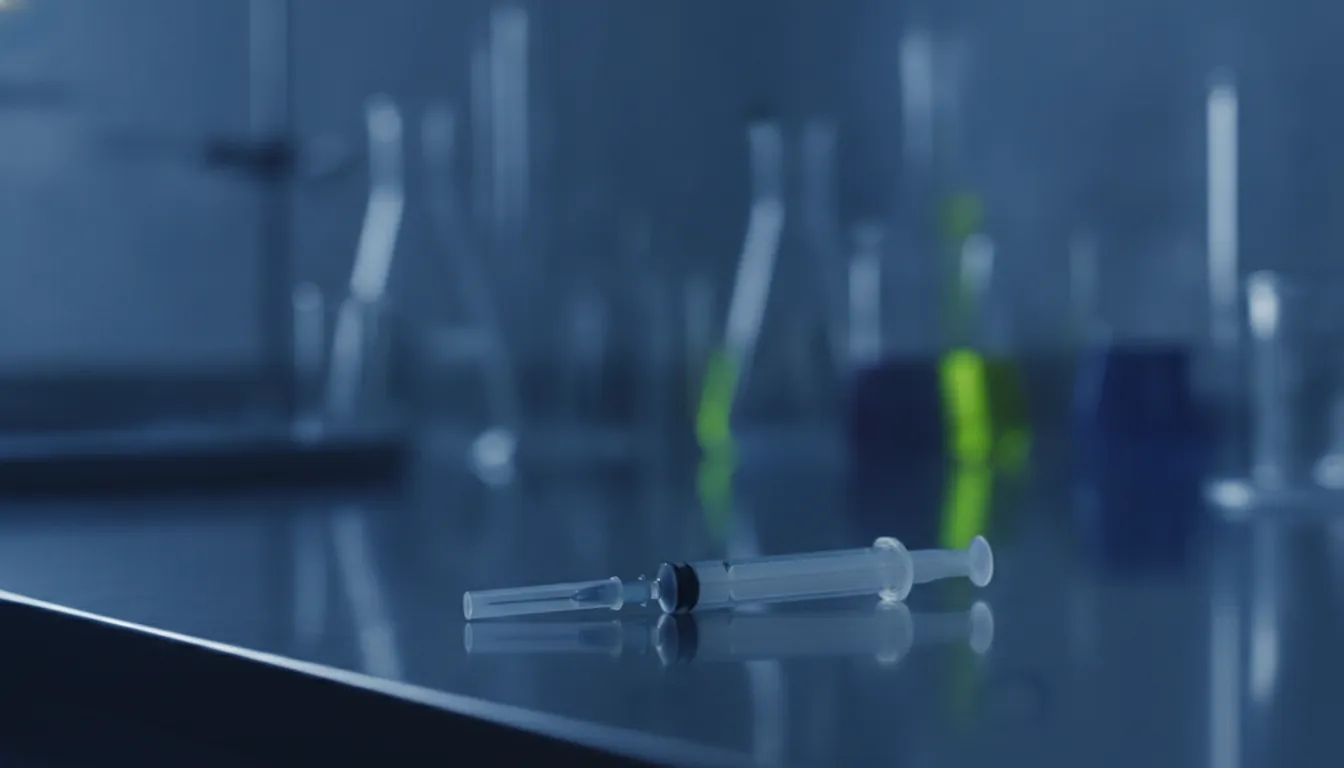 A syringe on a lab bench in a dimly lit laboratory