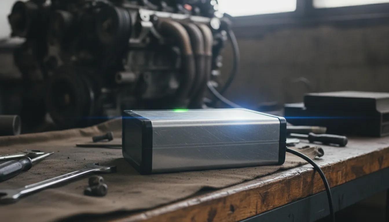 A diagnostic tool on a workbench in a vehicle workshop