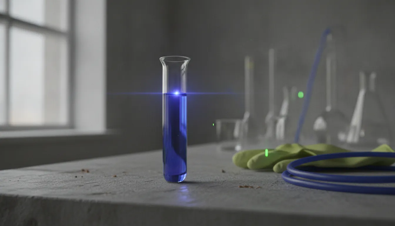 A test tube on a lab bench in a research setting.