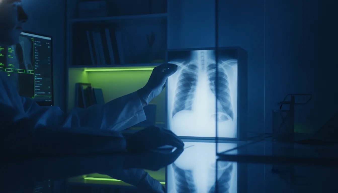 A radiologist examining a chest X-ray in a dimly lit room.