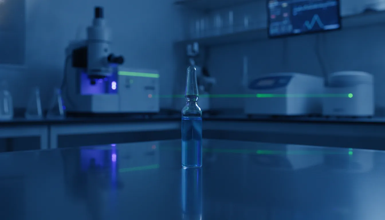 A vial of pharmaceutical liquid on a lab bench in a quality control lab