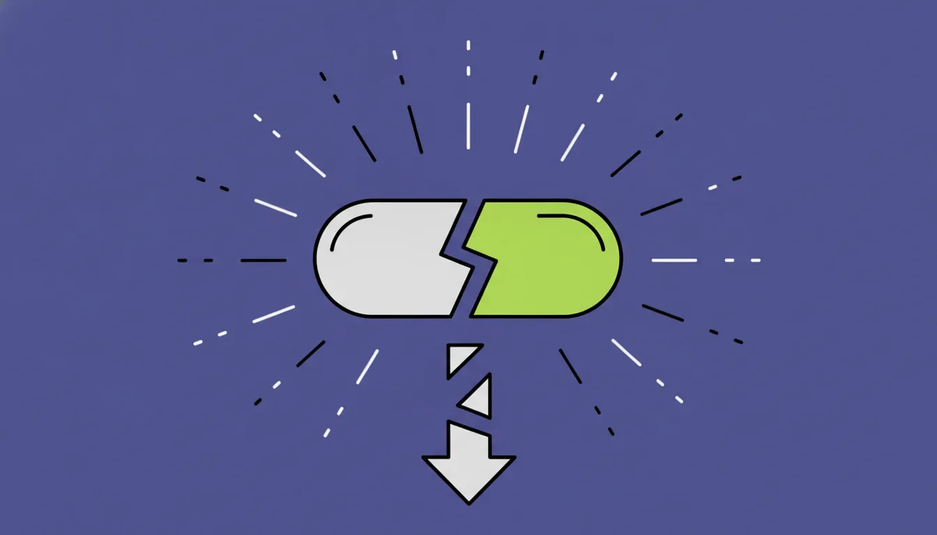 Flat illustration of a split generic drug capsule on a solid background.