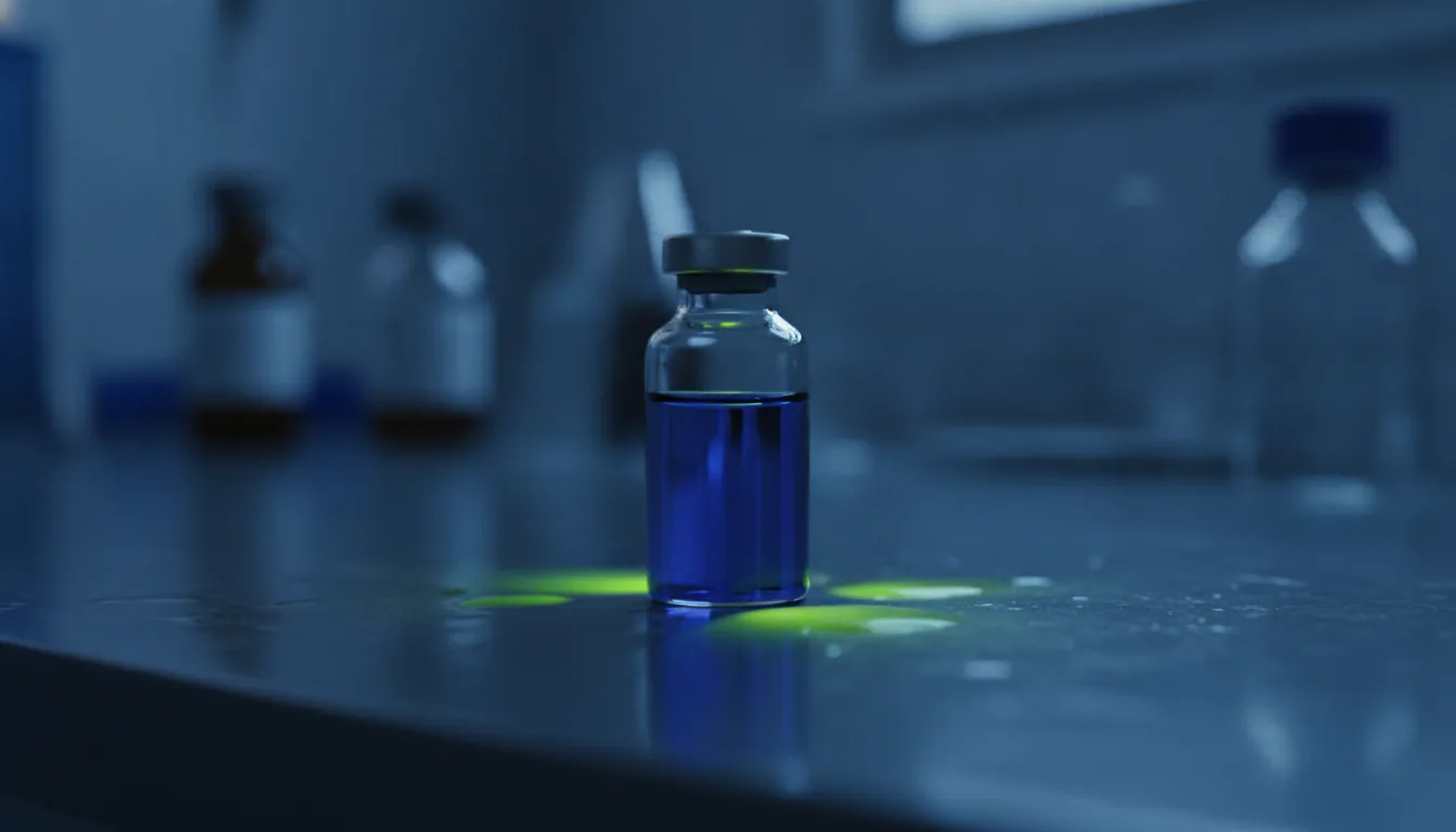 A vial of liquid medication on a laboratory countertop in a dimly lit setting.
