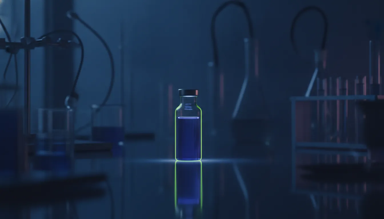 A vial of a drug compound in a dimly lit laboratory setting
