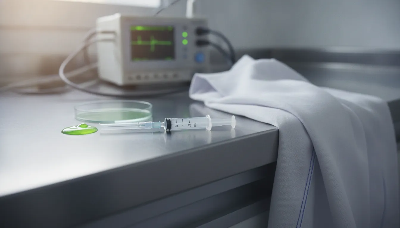 A syringe on a lab bench with a medical device in the background.