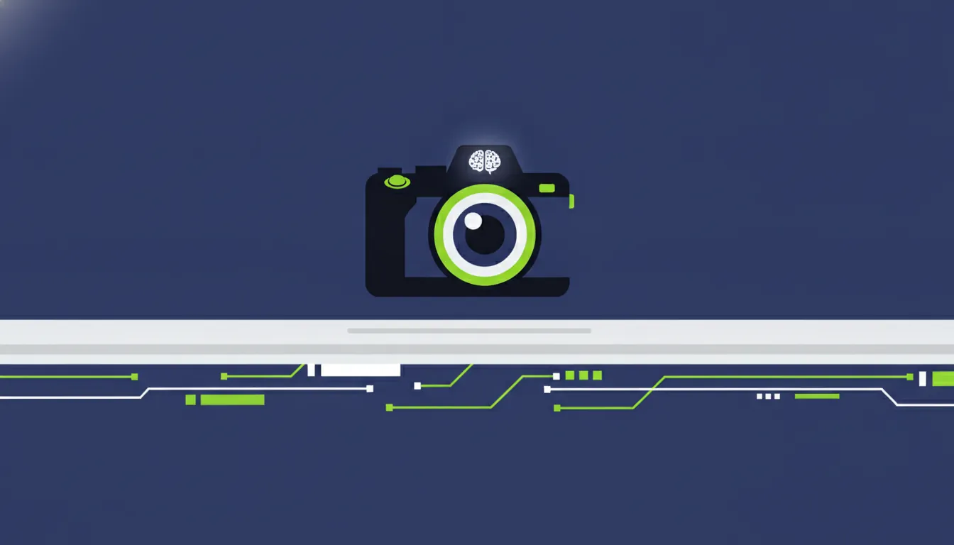 A minimalist illustration of a camera in a sterile setting, representing AI technology in production.