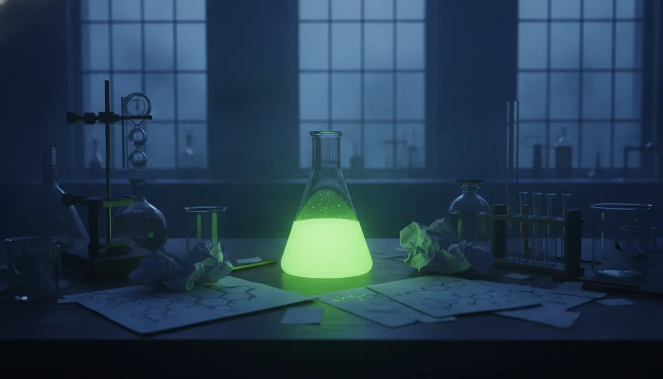 A laboratory flask and research notes in a dimly lit lab