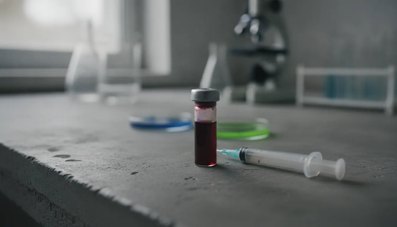 A blood sample in a vial on a lab bench with a syringe.