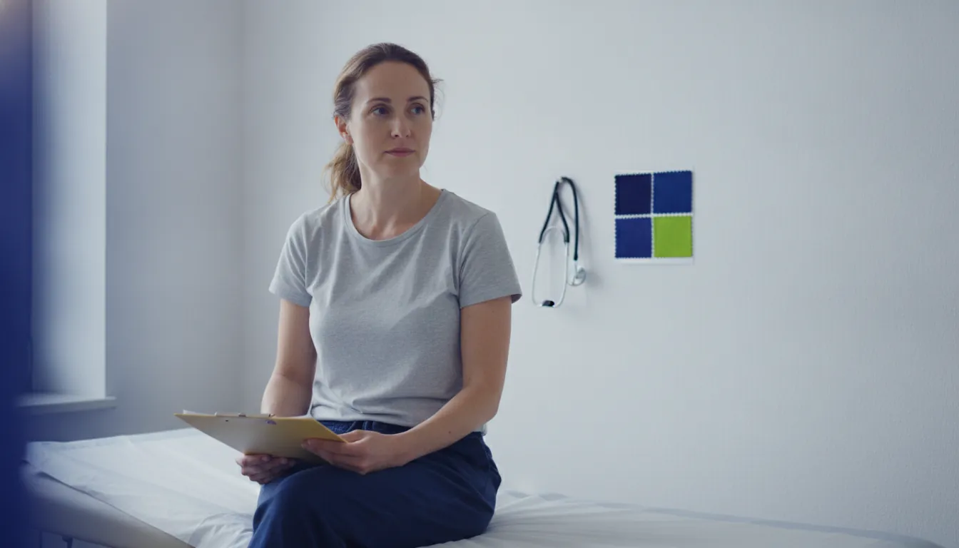 A clinical trial participant in an examination room holding a medical chart.