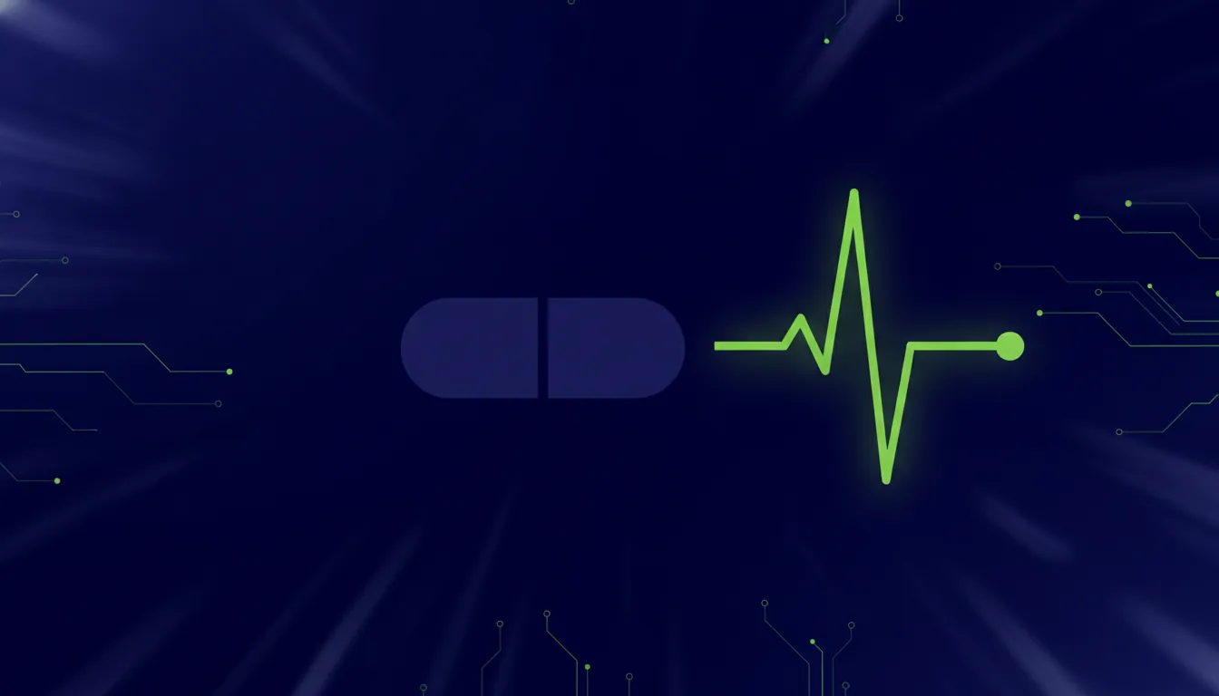 A minimalist illustration of a pill and a digital health symbol on a dark background.