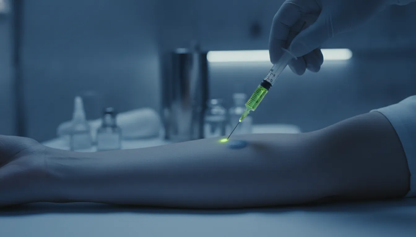 A syringe above skin in a clinical setting