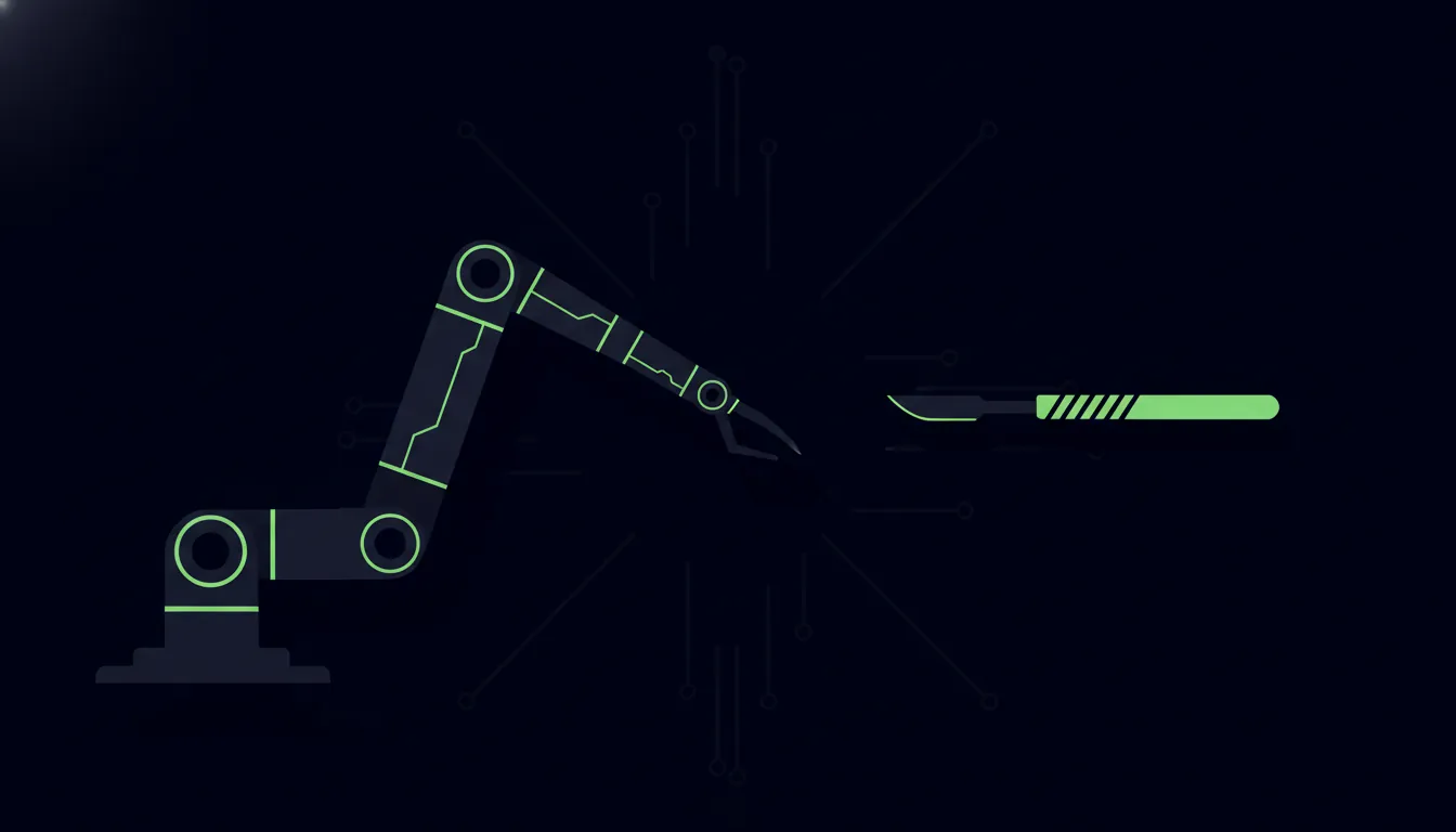 A minimalist illustration of a surgical robot arm and scalpel on a dark background.