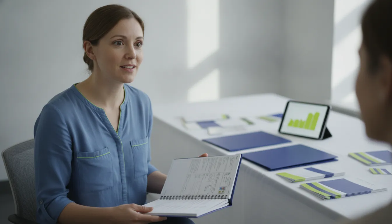 A clinical trial participant in a consultation room holding a medical chart, with clinical materials in the background.