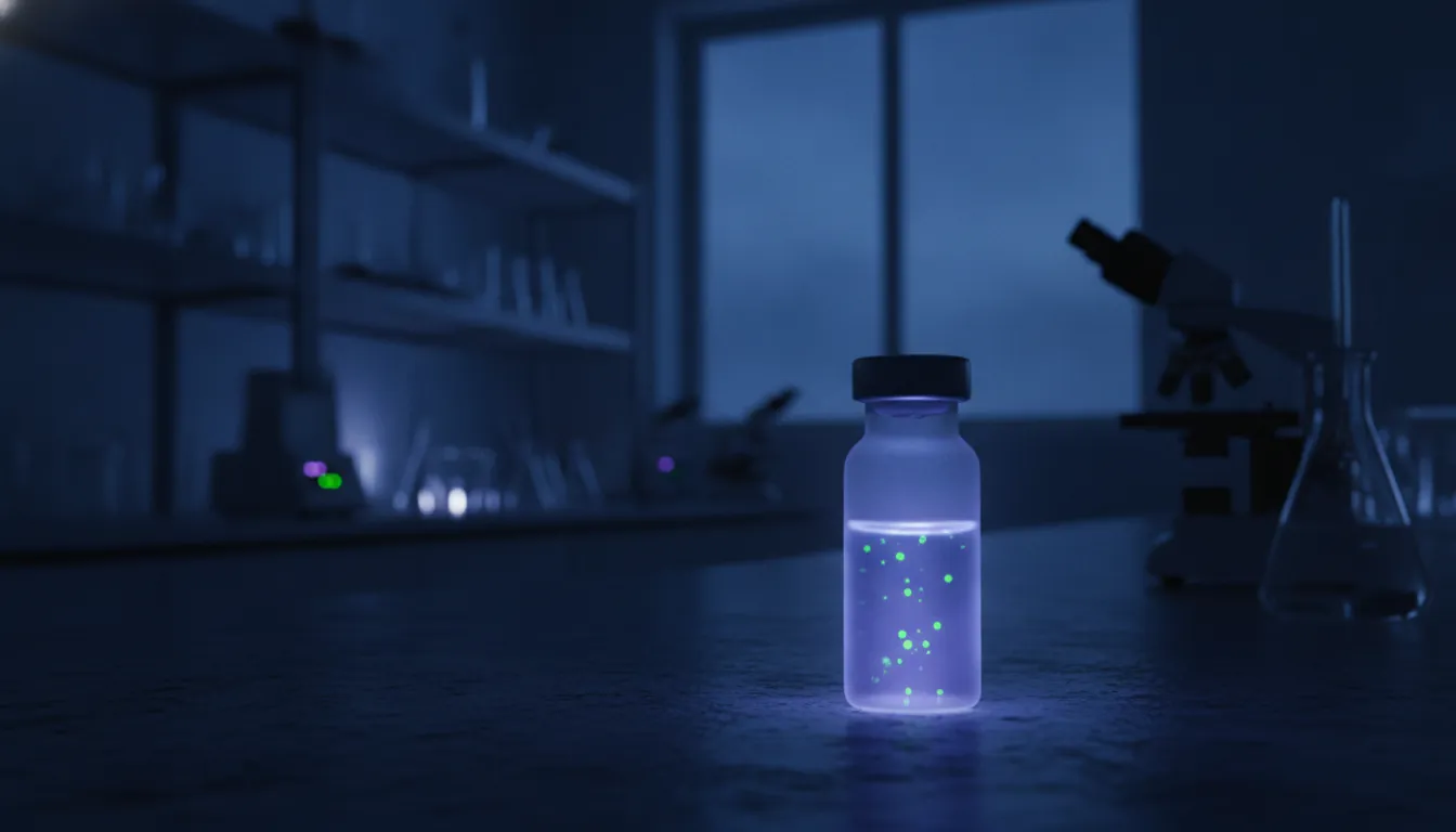A vial of biotech compound in a dimly lit lab setting