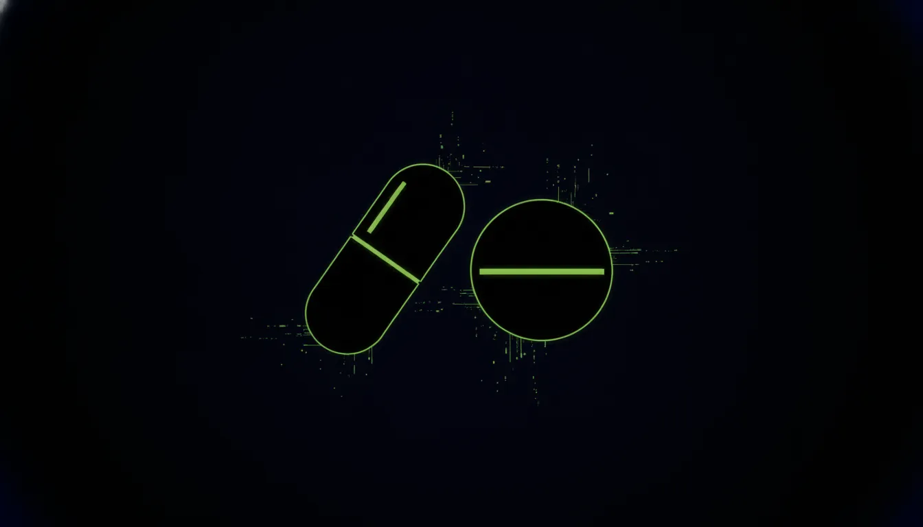 A minimalist illustration of a pill and capsule against a dark background.