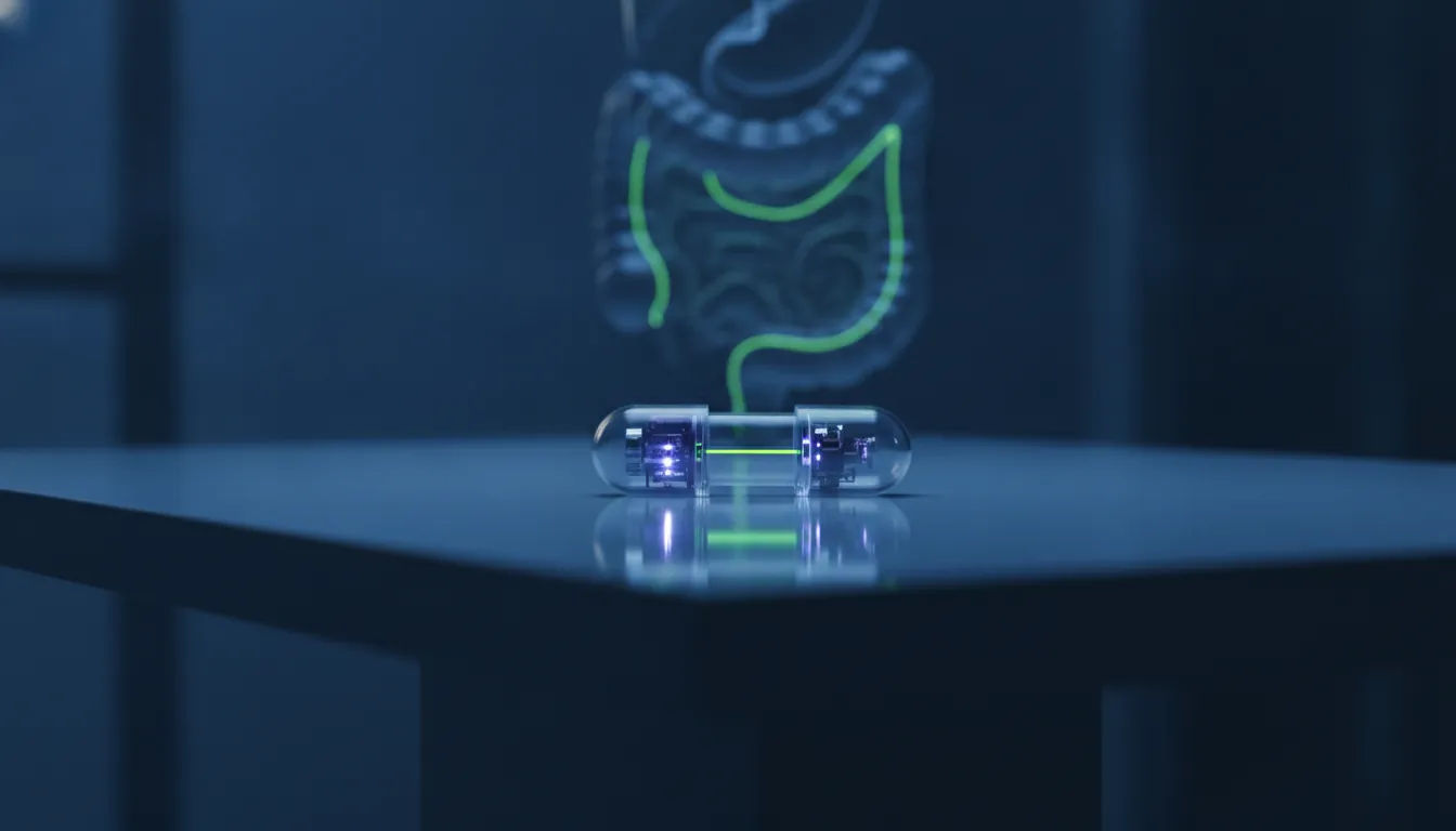 A smart pill capsule on a clinical table with a gastrointestinal model in the background.