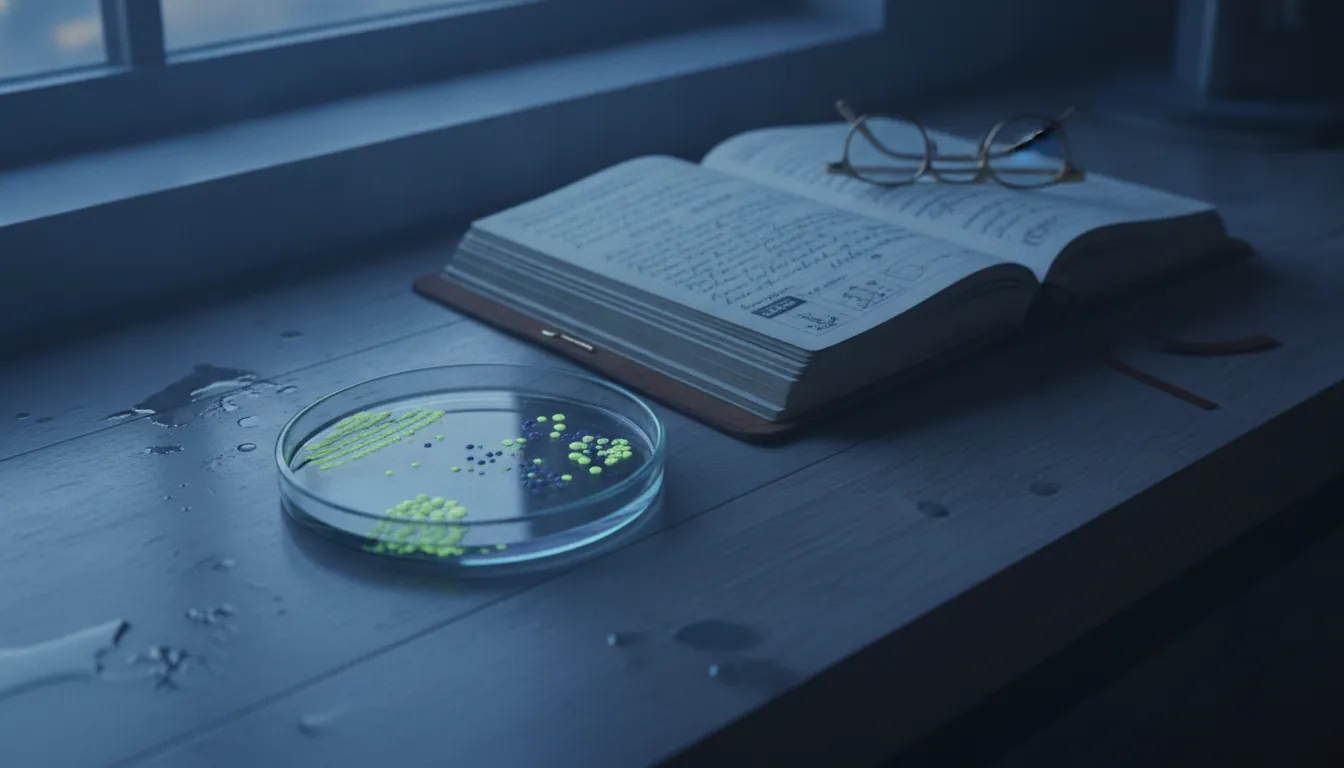 A petri dish with cultured cells and a research notebook in a dimly lit lab.
