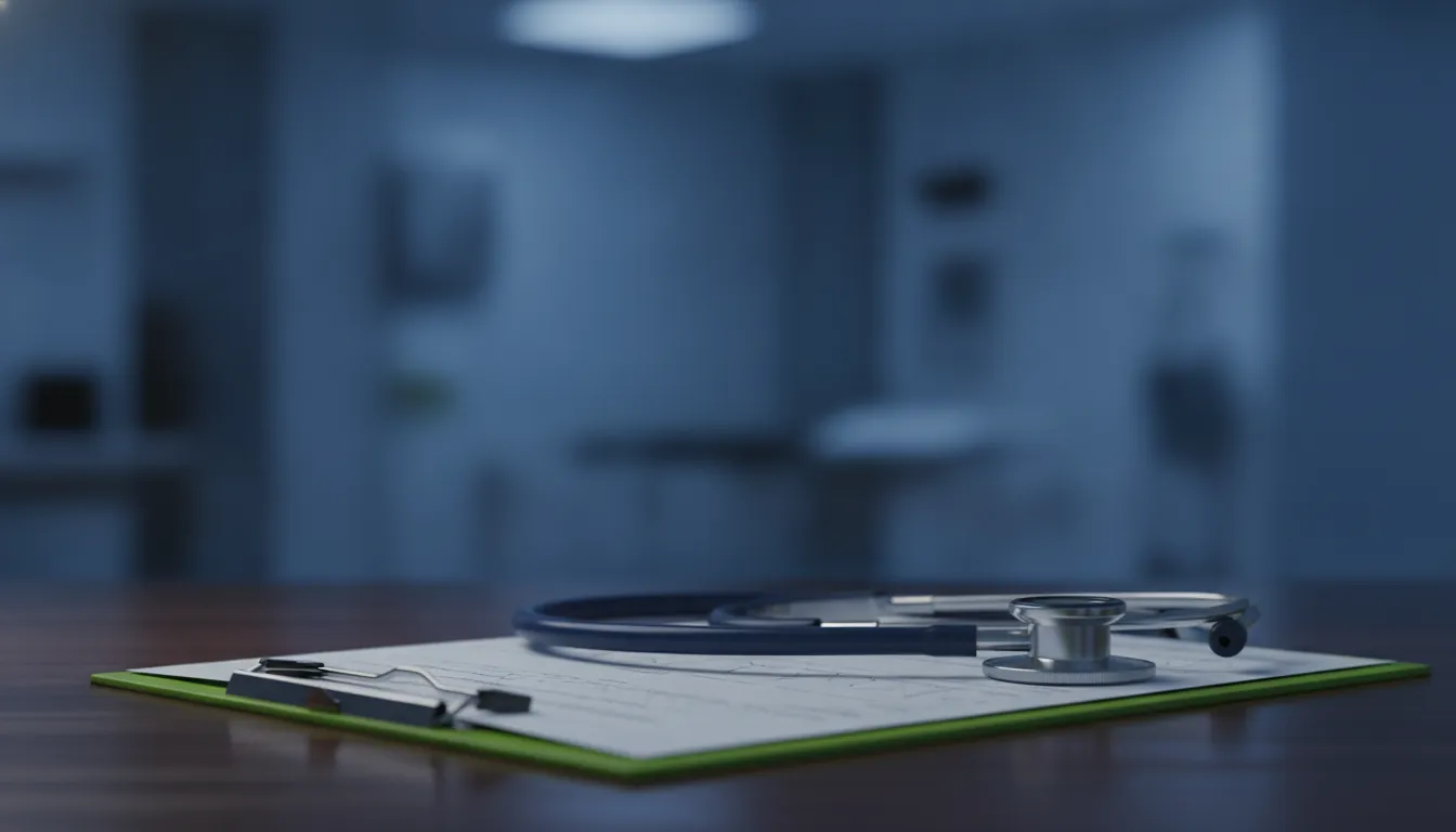 A stethoscope on a medical chart in a dimly lit consultation room.