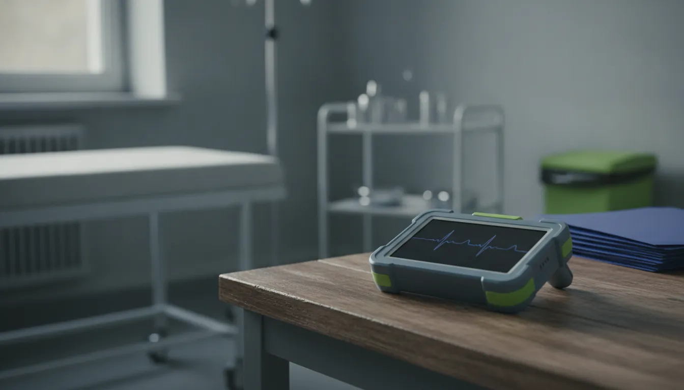 Handheld diagnostic device for COPD testing on a wooden table in a clinical setting.