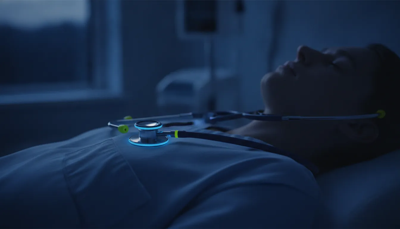 A stethoscope on a patient's chest in a dimly lit clinical room