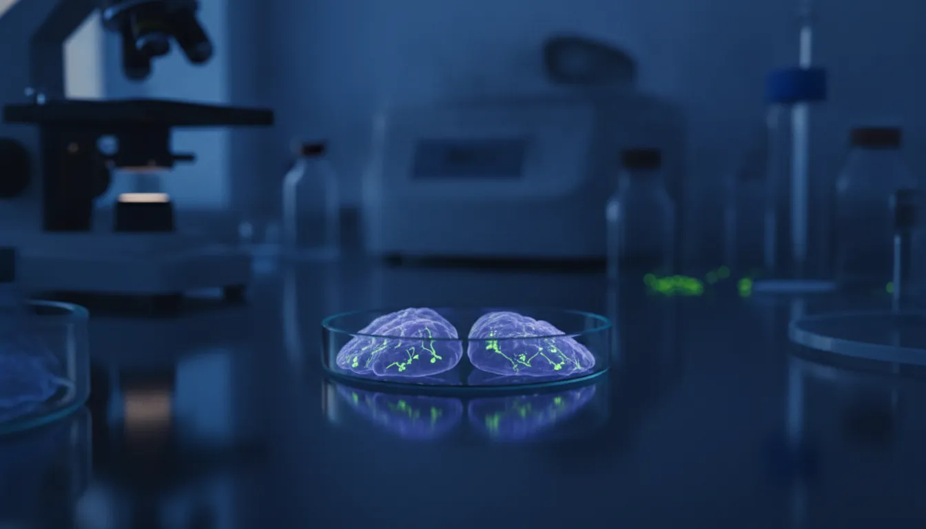 A close-up of an organoid culture dish in a dimly lit lab, highlighting the intricate details of the tissue sample.