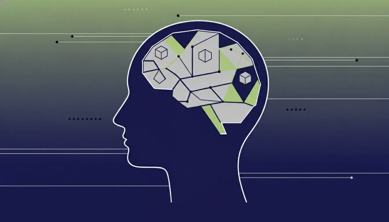 Silhouette of a human head with a geometric brain, representing AI and human collaboration in drug discovery.