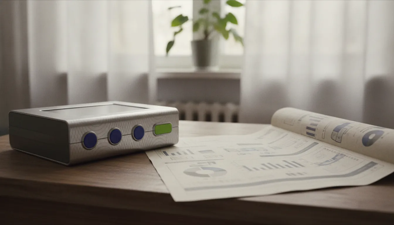 A clinical device on a desk with a data sheet in a softly lit office.