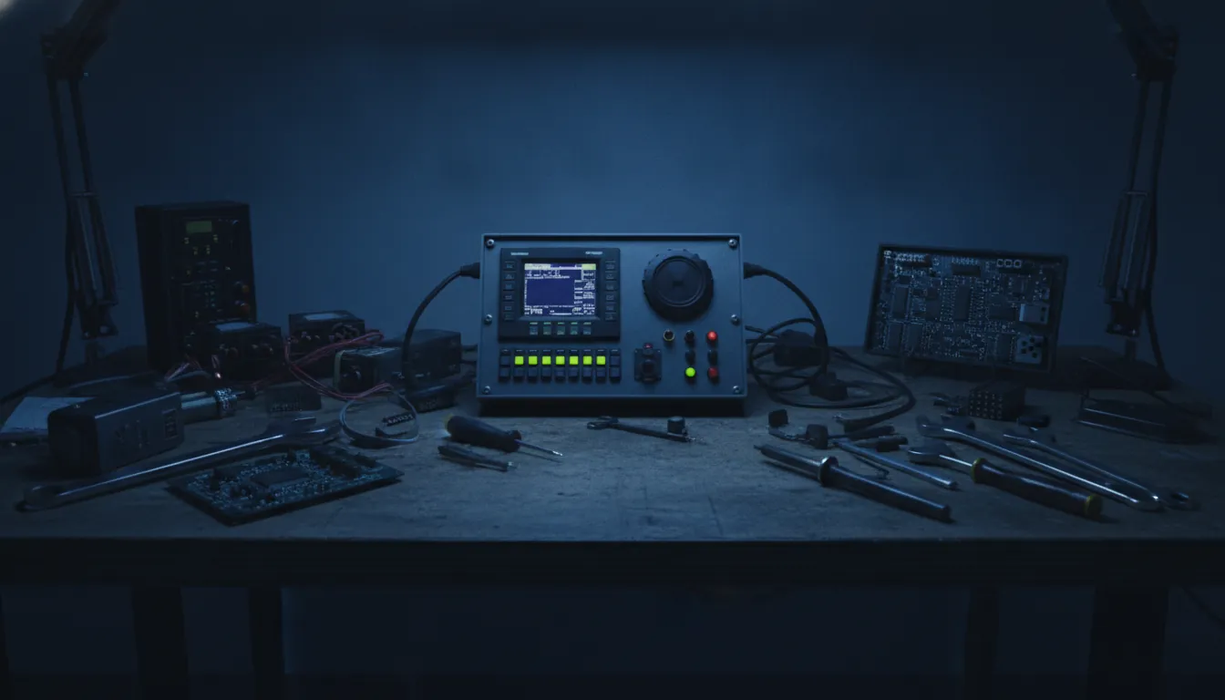 A fire-control system on a workbench in a dimly lit maintenance hub.
