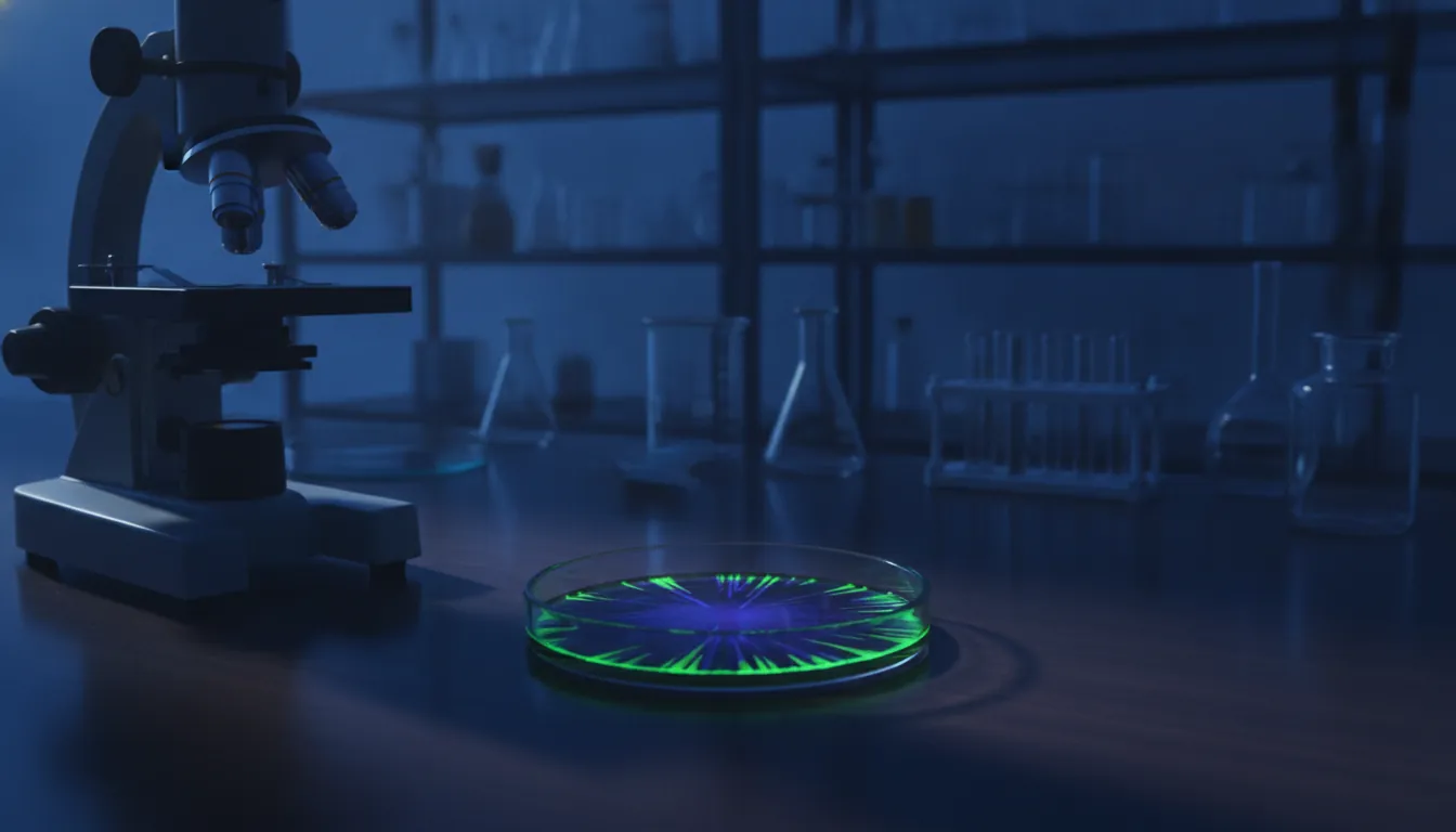 Petri dish with cultured cells in a dimly lit lab