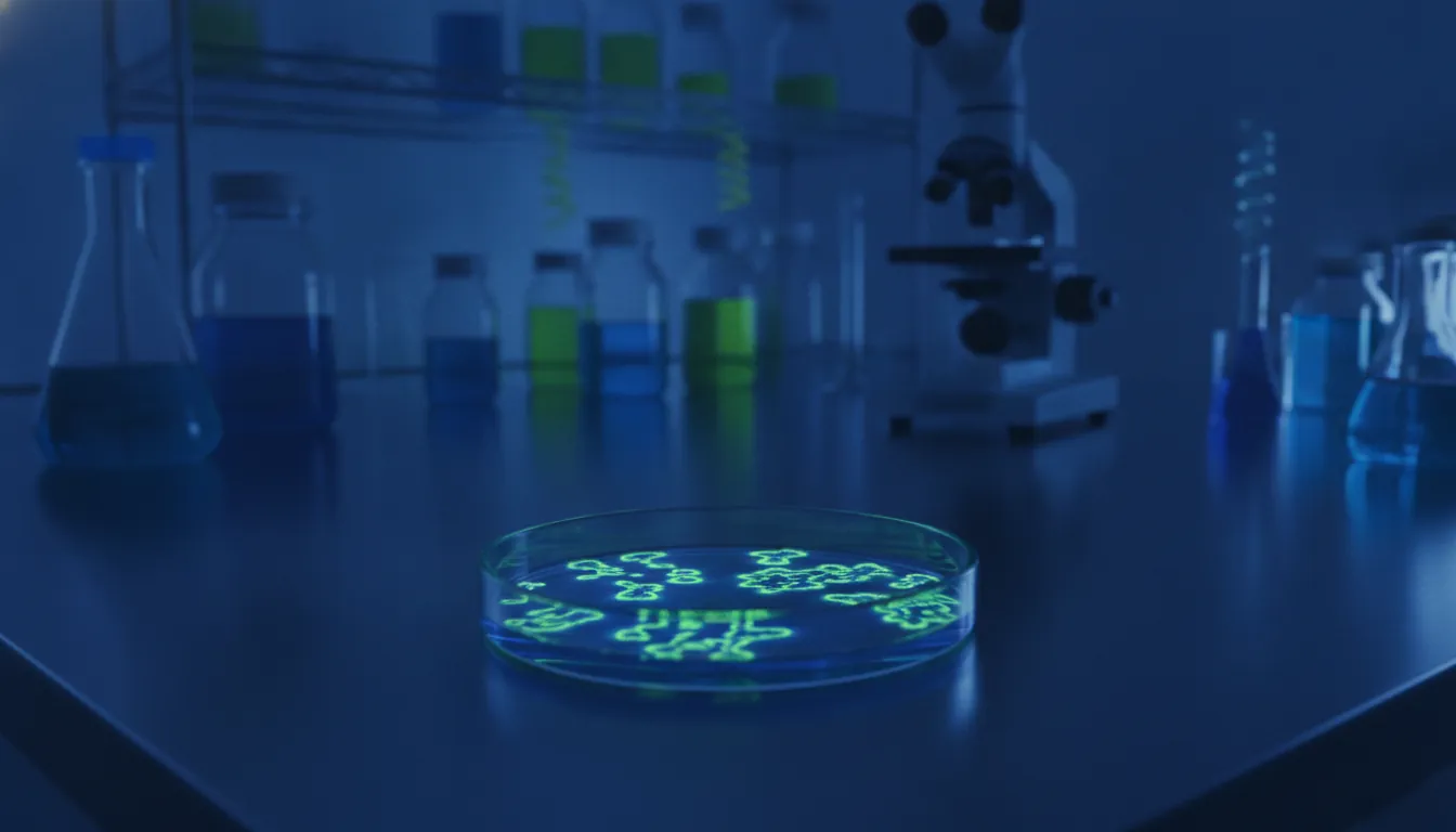 Petri dish with cell cultures in a dimly lit lab