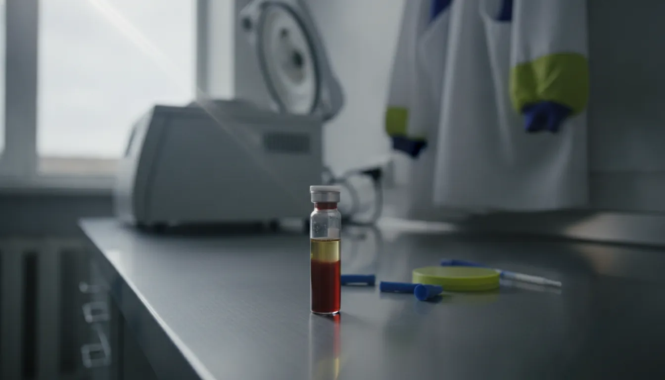 A blood sample in a vial on a lab bench with a centrifuge in the background.