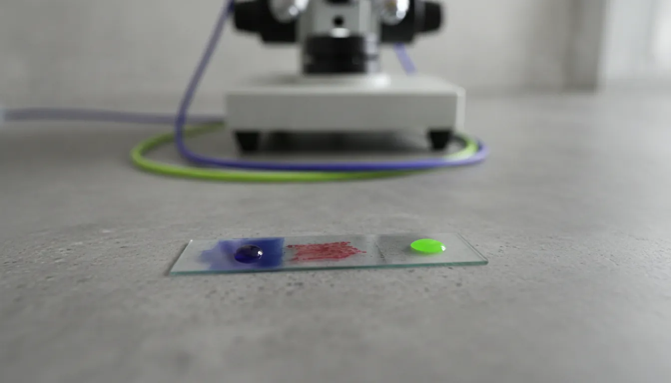 A blood sample on a microscope slide in a clinical lab setting.