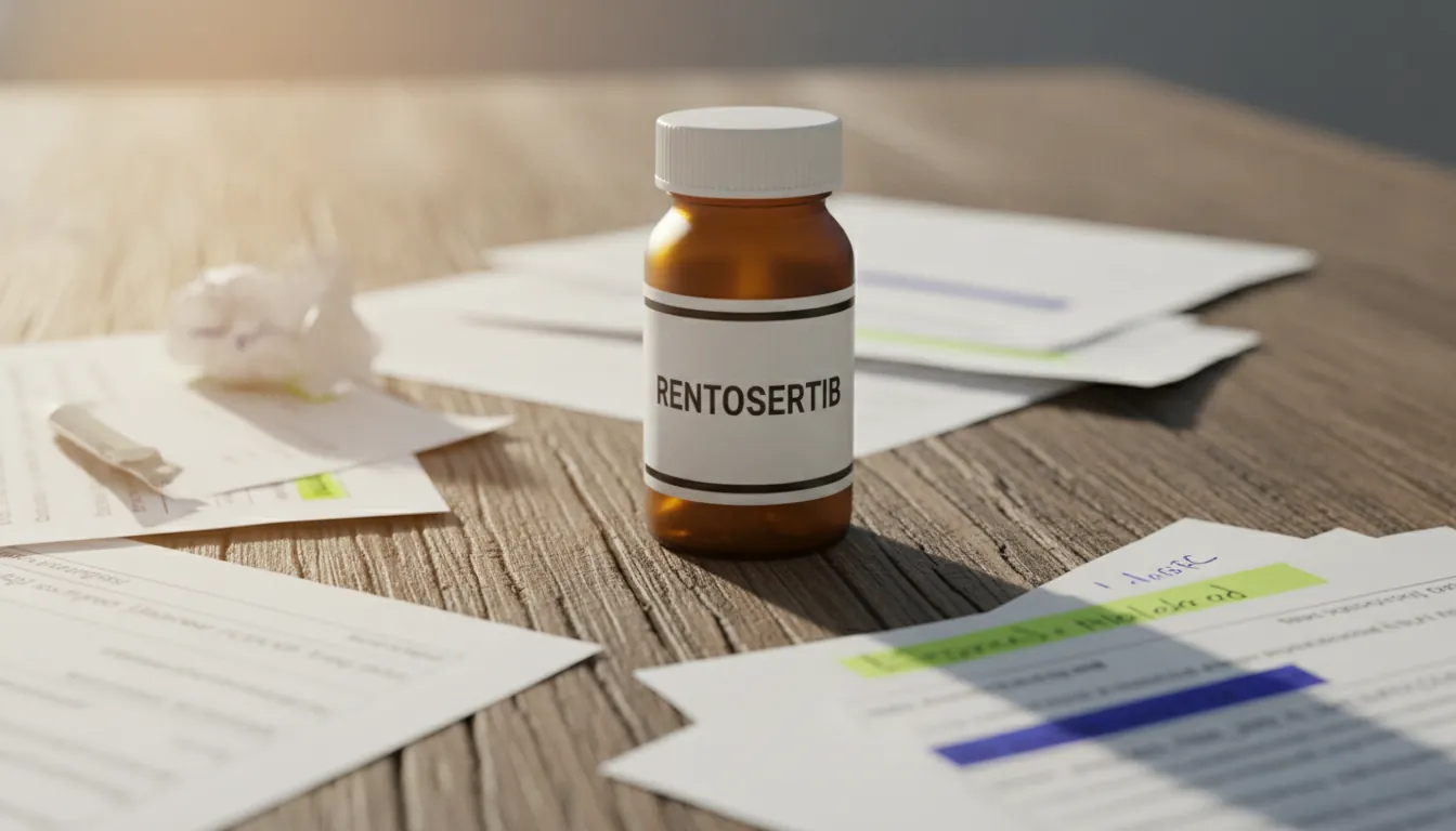 Pill bottle of Rentosertib on a wooden table at a clinical trial site
