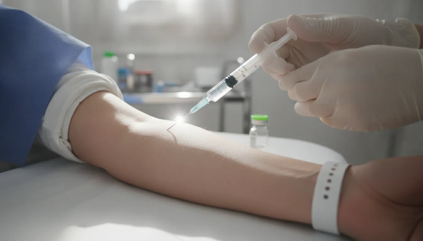 A syringe above a patient's arm in a clinical setting, highlighting the human aspect of healthcare.