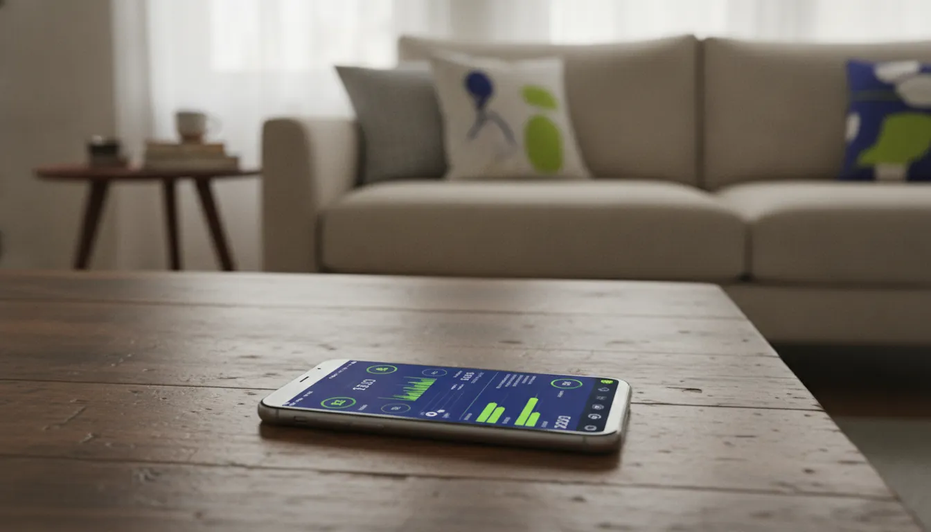 A smartphone on a table showing a health monitoring app in a cozy living room setting.