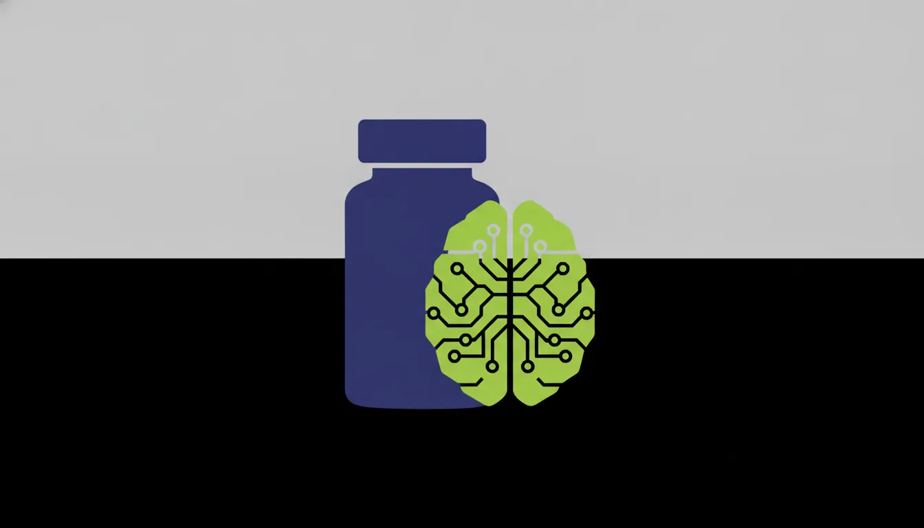A minimalist illustration of a pill bottle and an AI brain in flat design.