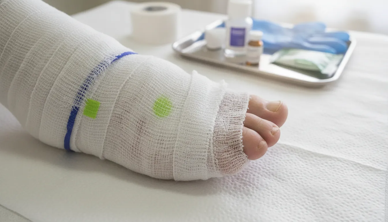 A close-up of a bandaged diabetic foot ulcer on an examination table in a clinical setting.