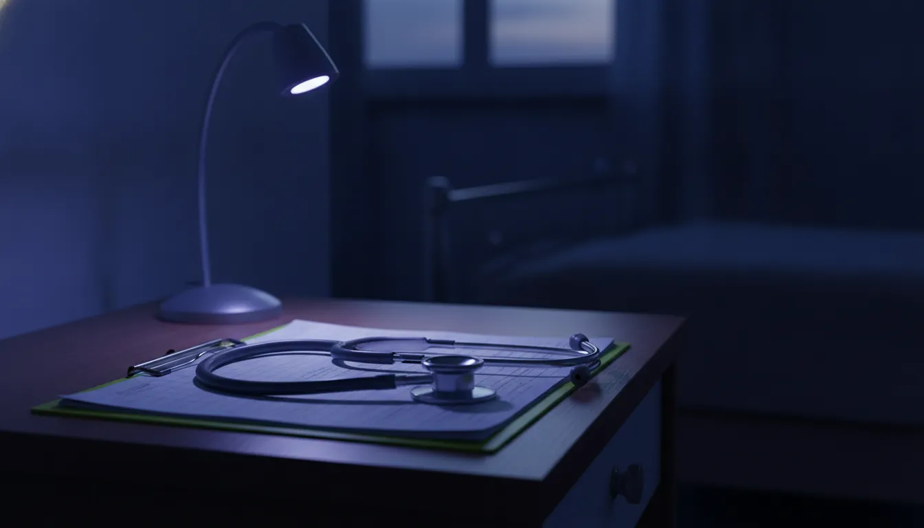 A stethoscope on a medical chart in a dimly lit hospital room.