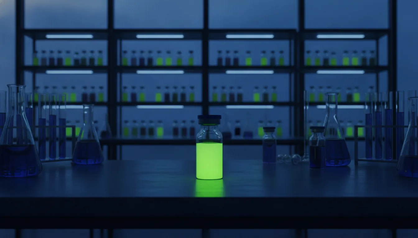 A glass vial with a colorful drug compound in a dimly lit lab
