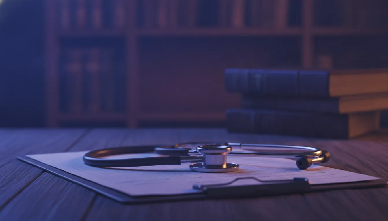 A stethoscope on a medical chart in a dimly lit examination room