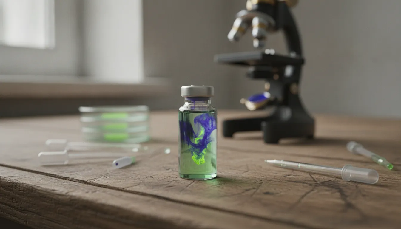 A glass vial with a colorful drug compound on a lab bench