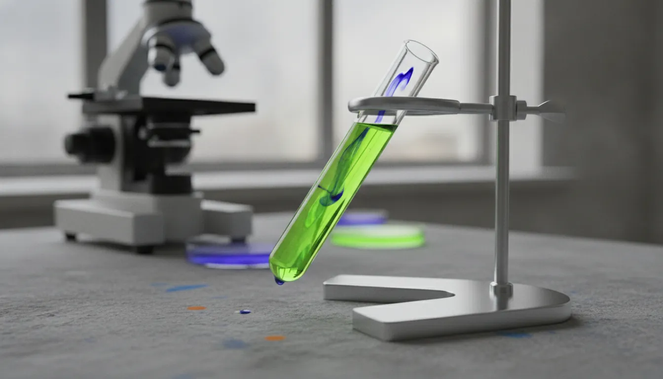 A test tube on a lab bench with a microscope in the background.