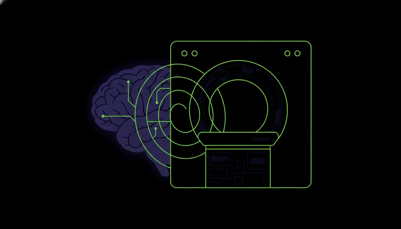 Silhouette of a brain and MRI machine in a dark palette