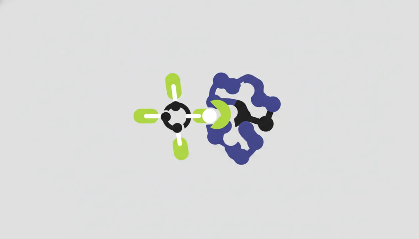 A flat illustration of a proxy drug molecule interacting with a target protein in a laboratory setting.
