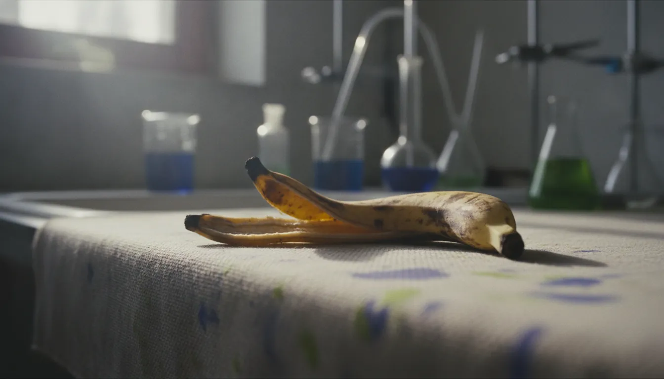 A banana peel on a laboratory countertop