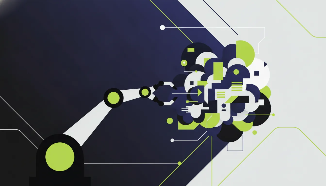 A minimalist illustration of a robotic arm and a large language model in flat design.