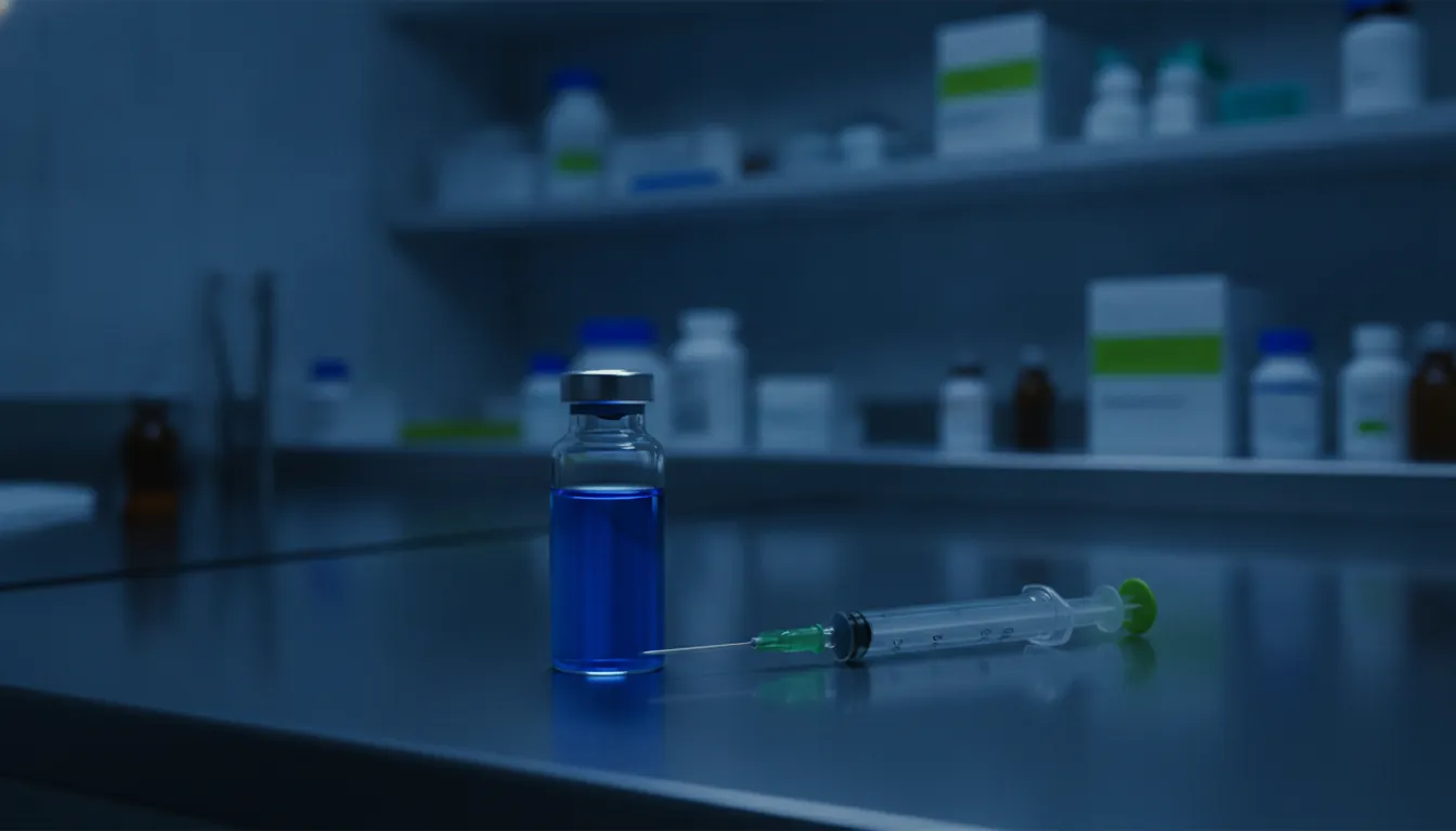 A glass vial and syringe in a dimly lit lab setting