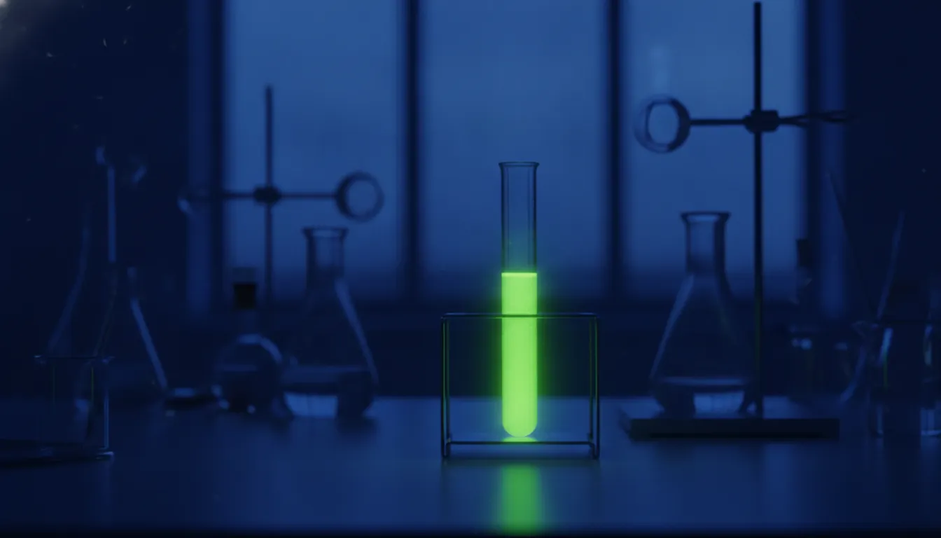 A test tube in a dimly lit lab