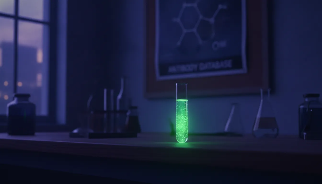 A test tube in a dimly lit lab, symbolizing antibody research.